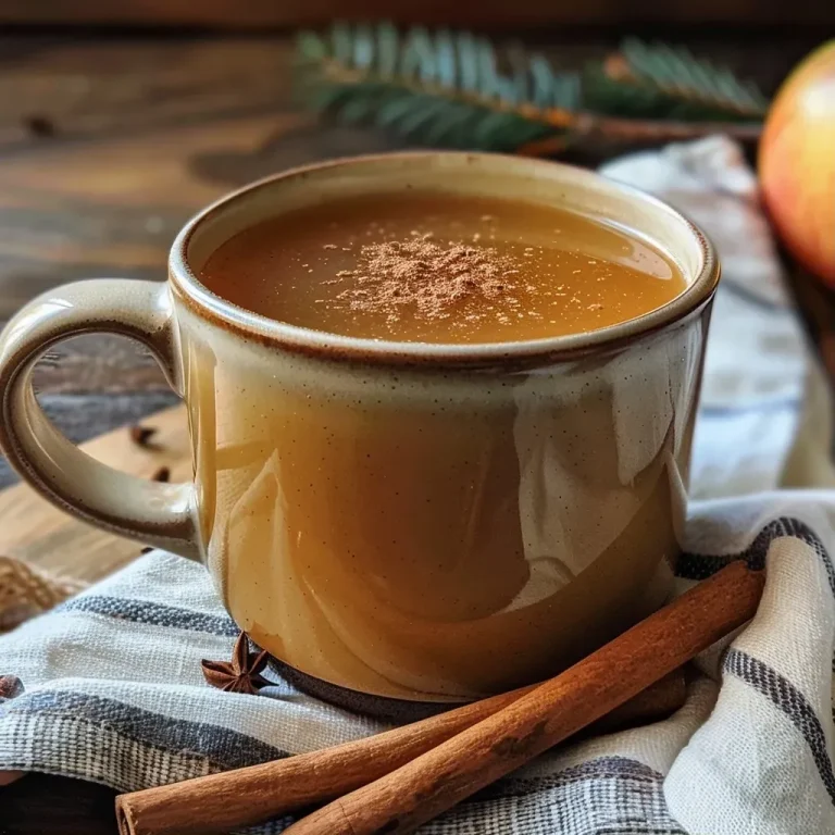 Close-up view of a glass of spiced apple cider with cinnamon sticks and cloves.