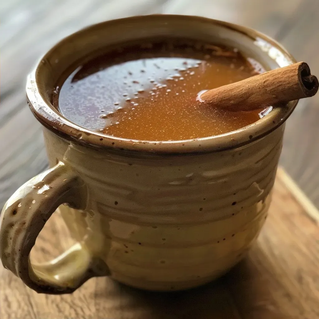 Side view photo of warm spiced apple cider in a clear glass with dark brown sugar.
