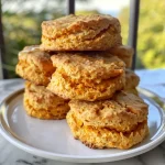 Close-up view of freshly baked sweet potato biscuits on a rustic wooden surface.