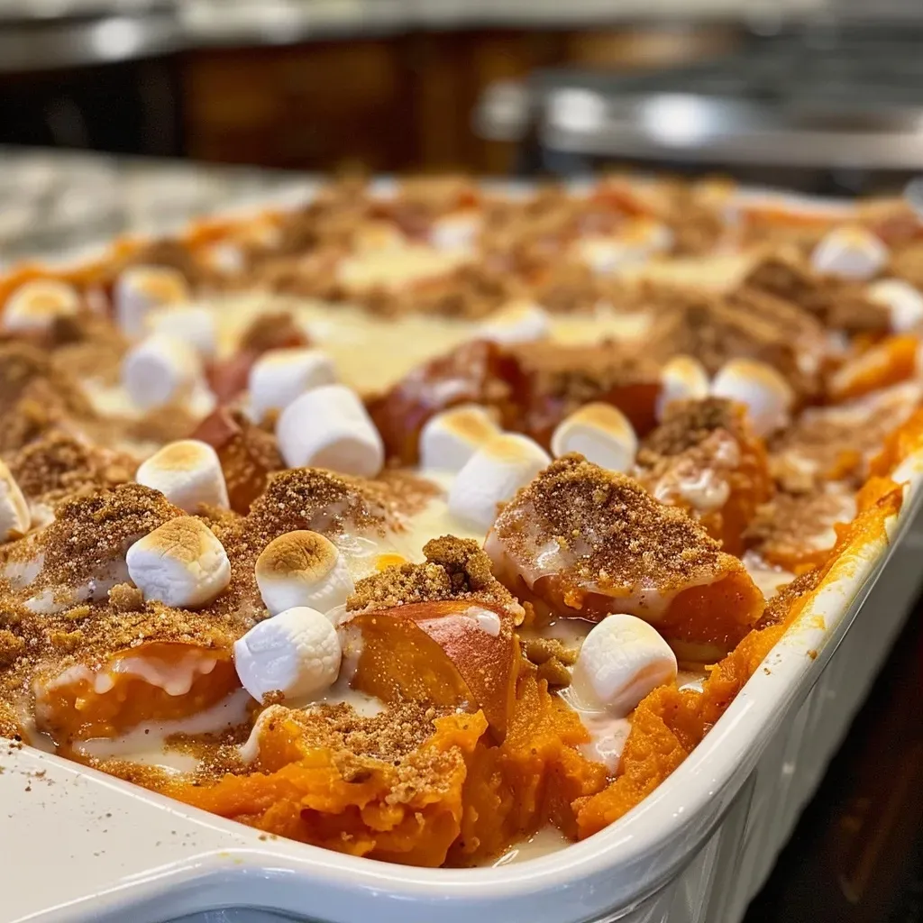 Close-up image of a scrumptious sweet potato casserole with a golden-brown top.