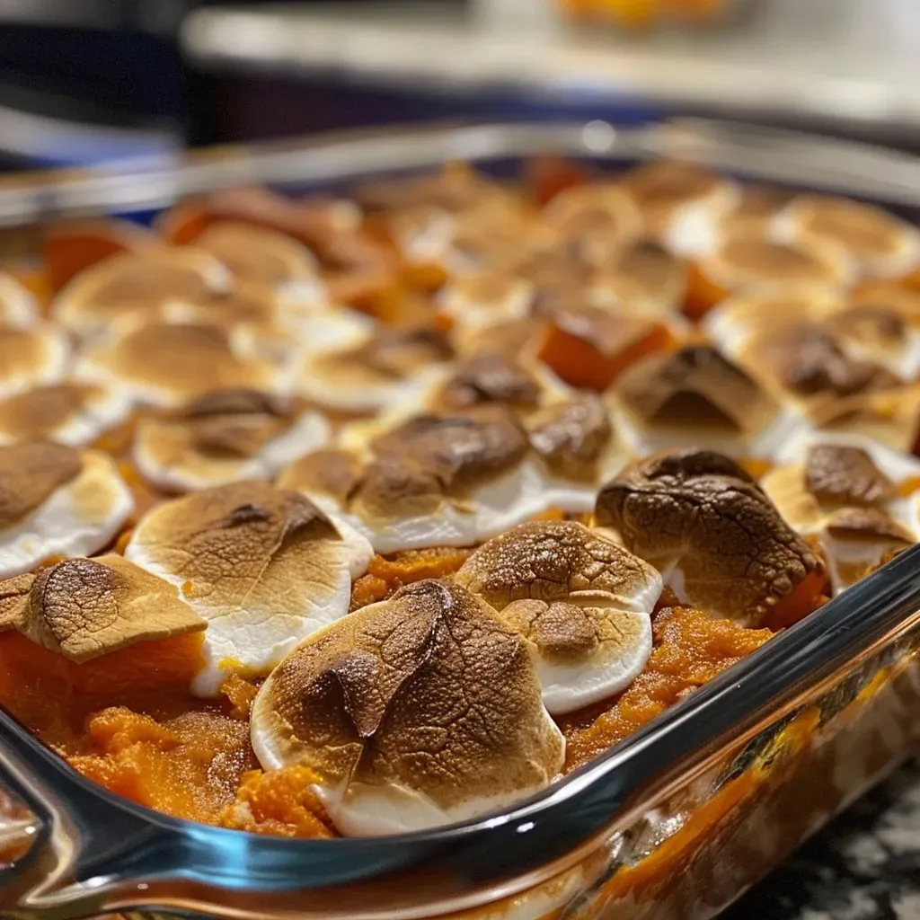 Side view of a baked Sweet Potato Casserole with a crispy topping.