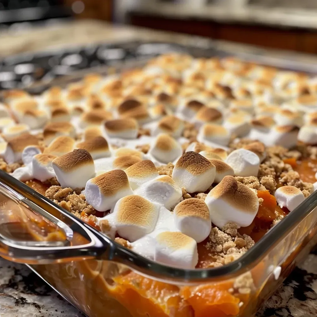 A side view of a delicious Sweet Potato Marshmallow Casserole with a glossy layer of melted marshmallows.