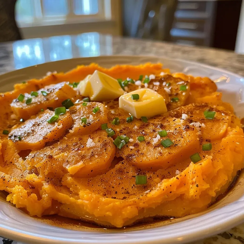 Close-up of creamy sweet potato mash topped with butter.