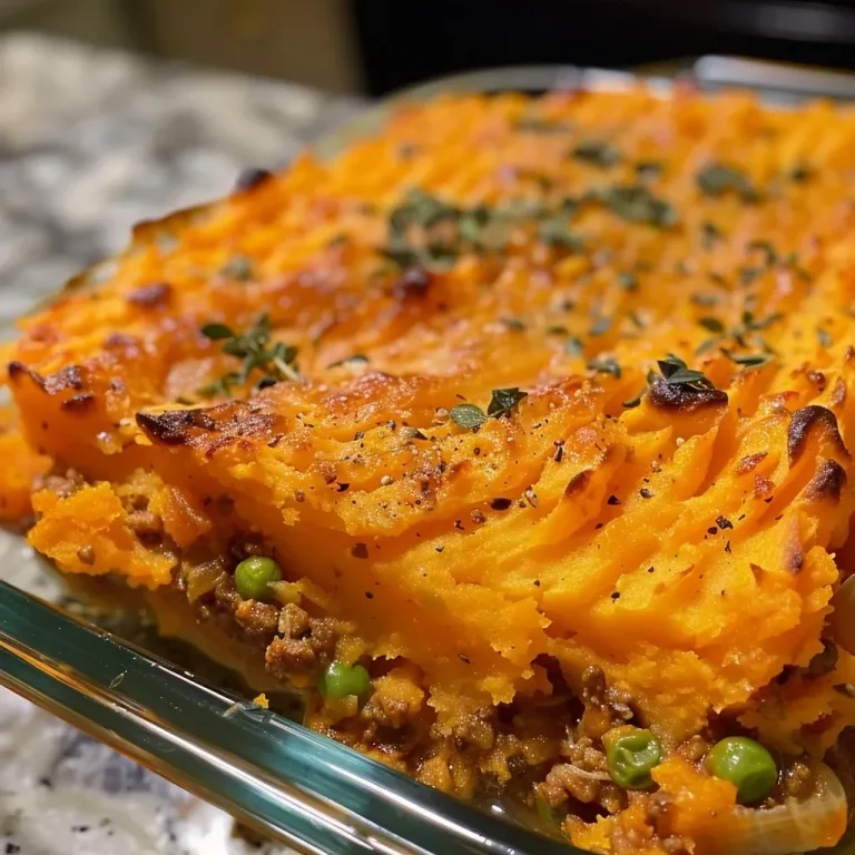 Close-up side view of a vibrant Sweet Potato Shepherd's Pie featuring a golden crust.