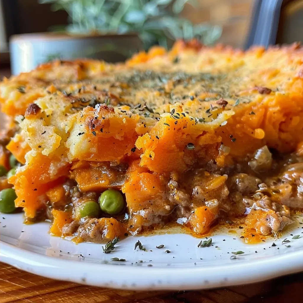 Juicy Sweet Potato Shepherd's Pie with a textured topping, showcasing rich filling ingredients.