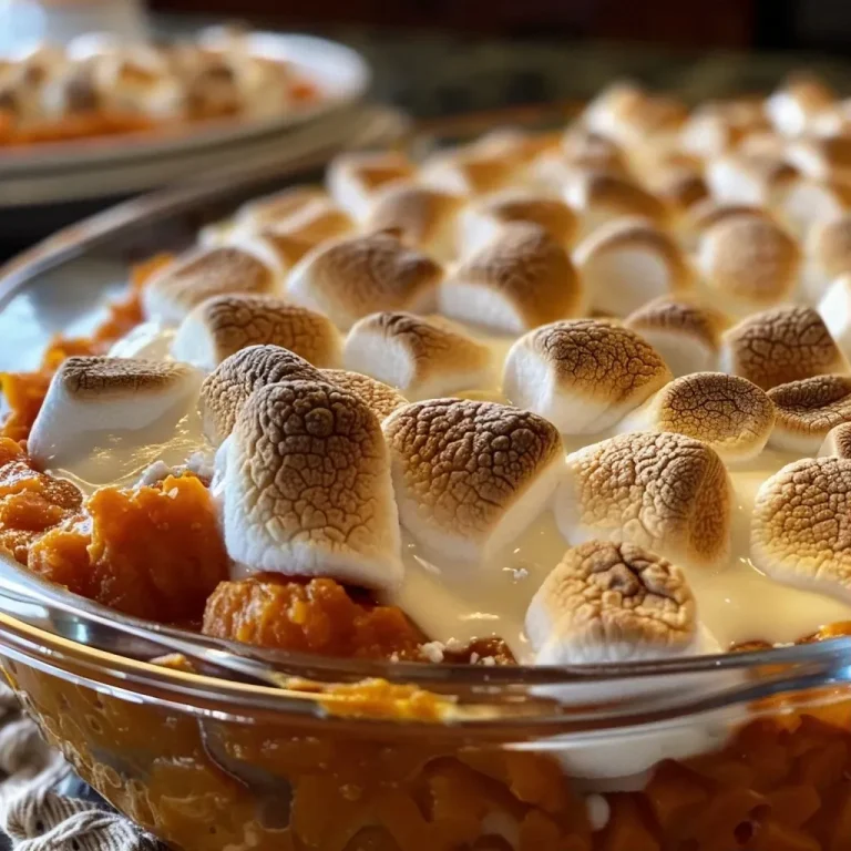 Close-up view of baked sweet potatoes topped with golden-brown marshmallows.