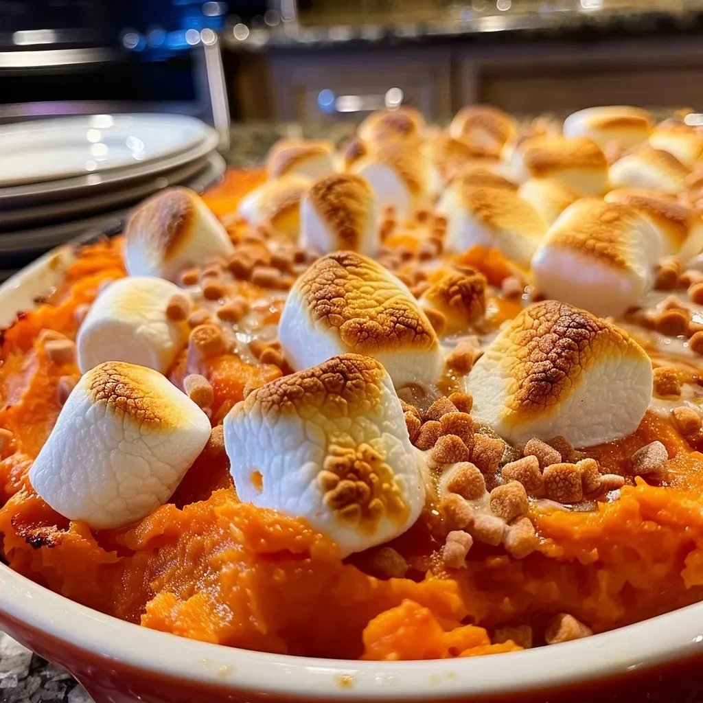 Side view of a dish featuring sweet potatoes and fluffy marshmallows melted on top.