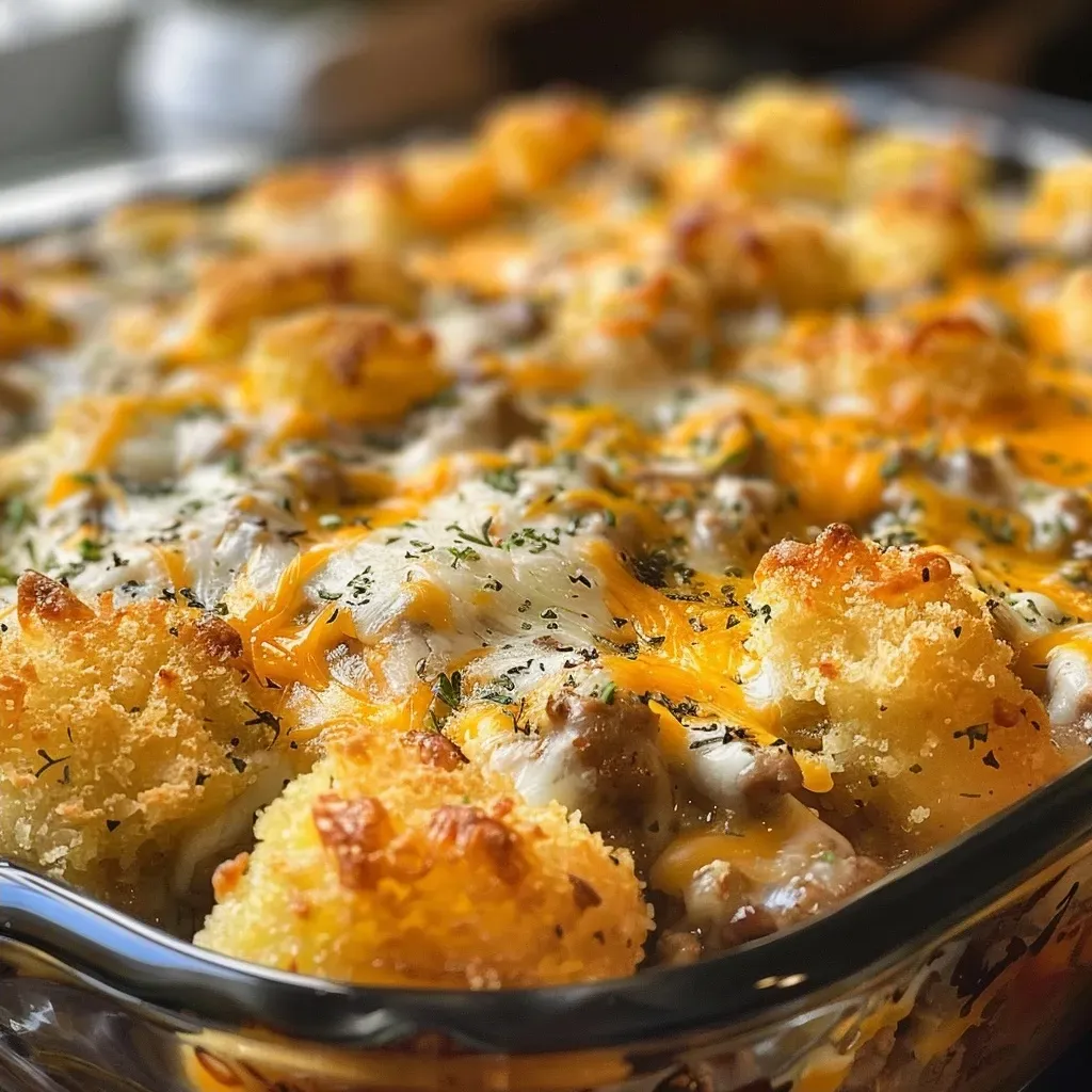 Juicy Tater Tot Casserole layered with ground beef and golden tater tots.