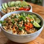 Close-up of a vibrant Thai Peanut Chicken Noodle Bowl with sliced chicken, colorful vegetables, and chopped peanuts.
