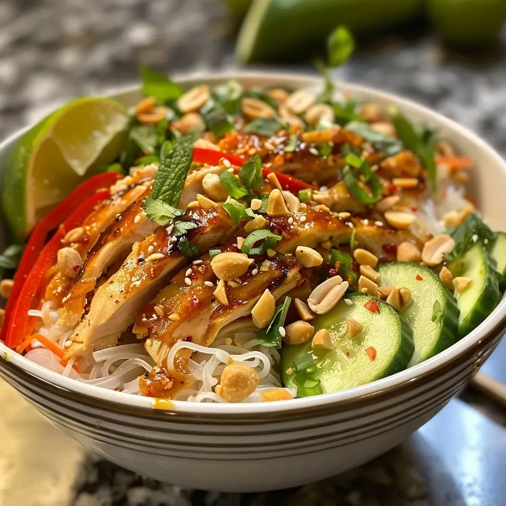 Side view of a delicious Thai Peanut Chicken Noodle Bowl, showcasing noodles, fresh herbs, and a drizzle of peanut sauce.