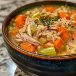 A close-up view of a bowl of turkey and rice soup with visible vegetables and herbs.