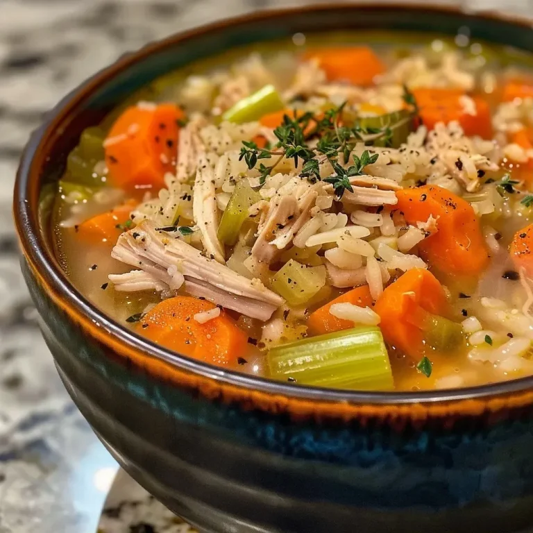 Cozy Up with a Bowl of Turkey and Rice Soup: A Weeknight Favorite A close-up view of a bowl of turkey and rice soup with visible vegetables and herbs.