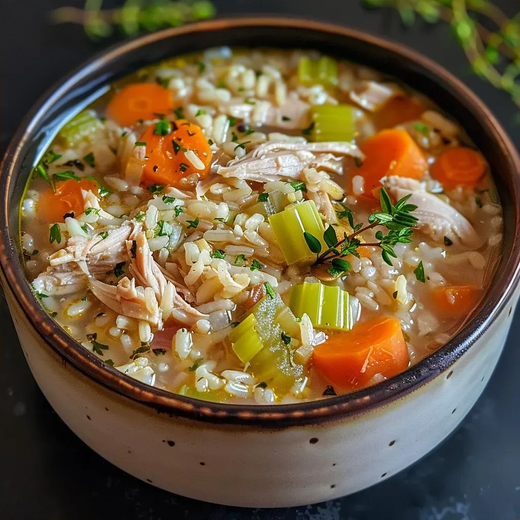 Side view of a steaming bowl filled with turkey, rice, and colorful vegetables.