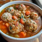 A close-up view of a bowl of Turkey Meatball Soup with vibrant vegetables and meatballs.