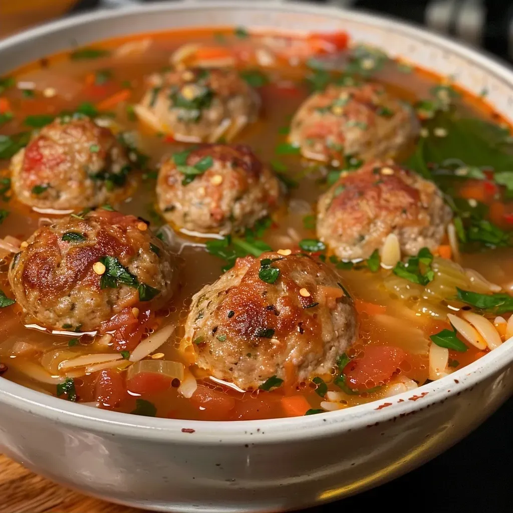 A side perspective of hearty Turkey Meatball Soup, showcasing turkey meatballs and green spinach.