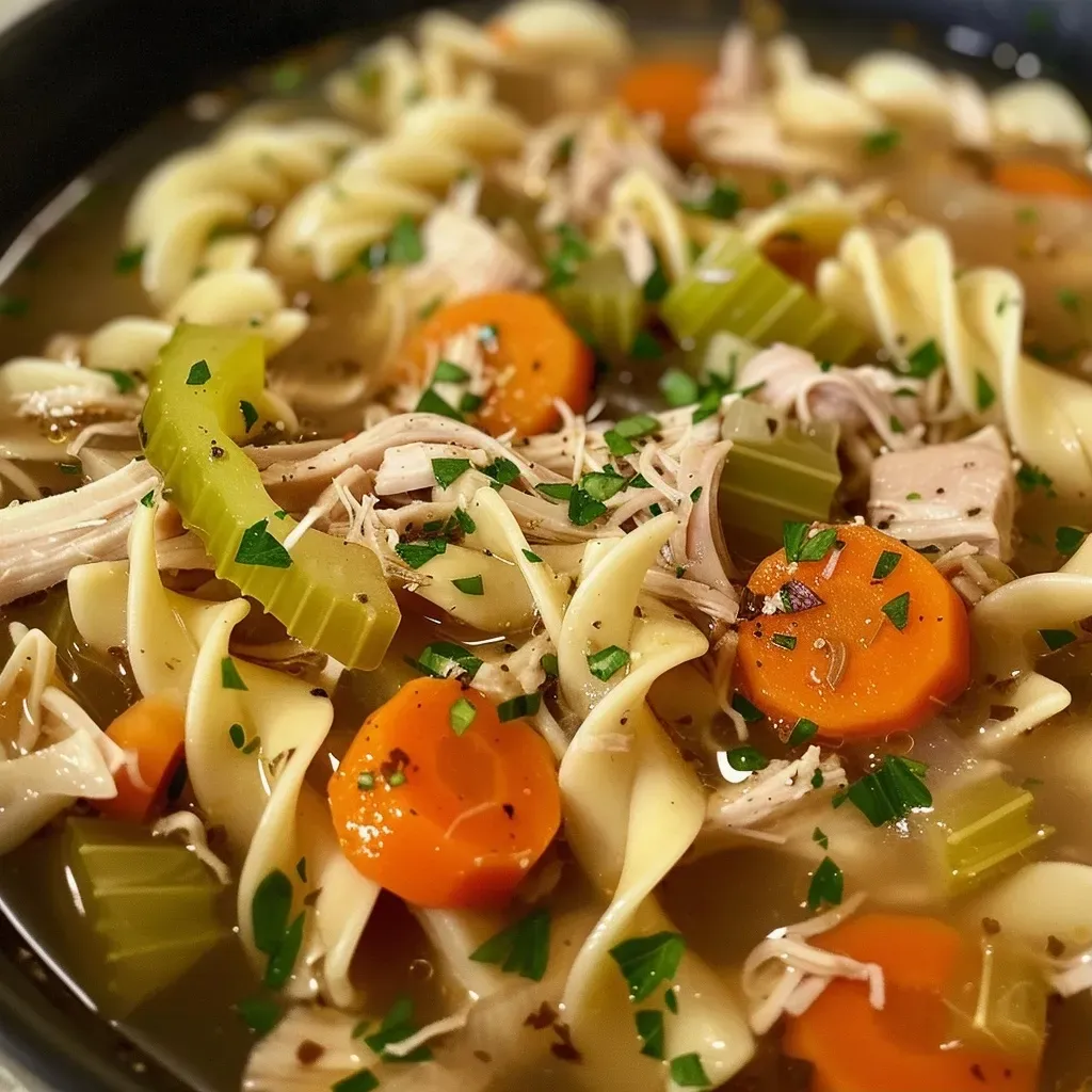 A close-up view of turkey noodle soup with visible noodles and vegetables.