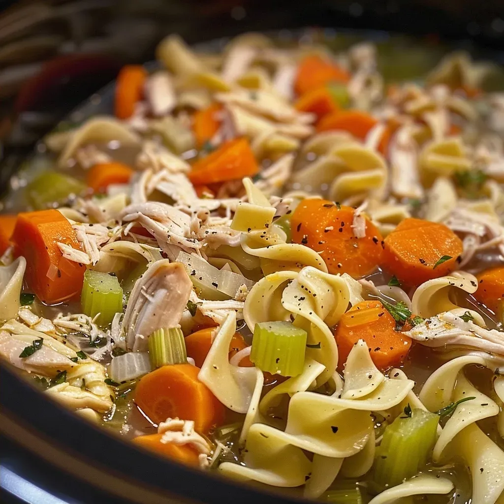 A bowl of turkey noodle soup featuring chunks of turkey, carrots, and noodles.