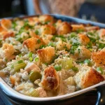 Close-up view of a turkey rice casserole with melted cheddar cheese on top.