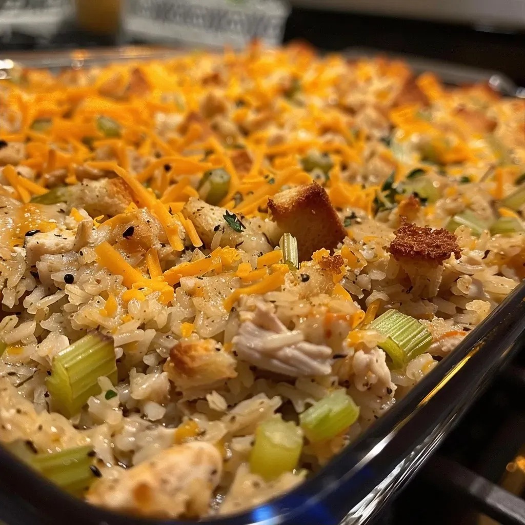 Side shot of a delicious turkey rice casserole showcasing layers of turkey, rice, and vegetables.