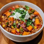 Close-up view of a bowl of No Bean Turkey and Sweet Potato Chili with garnish.