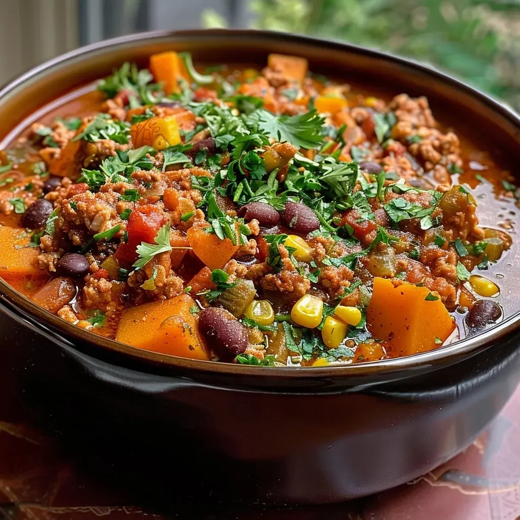 Side view of a hearty Turkey Sweet Potato Chili in a rustic bowl, showcasing its rich ingredients.