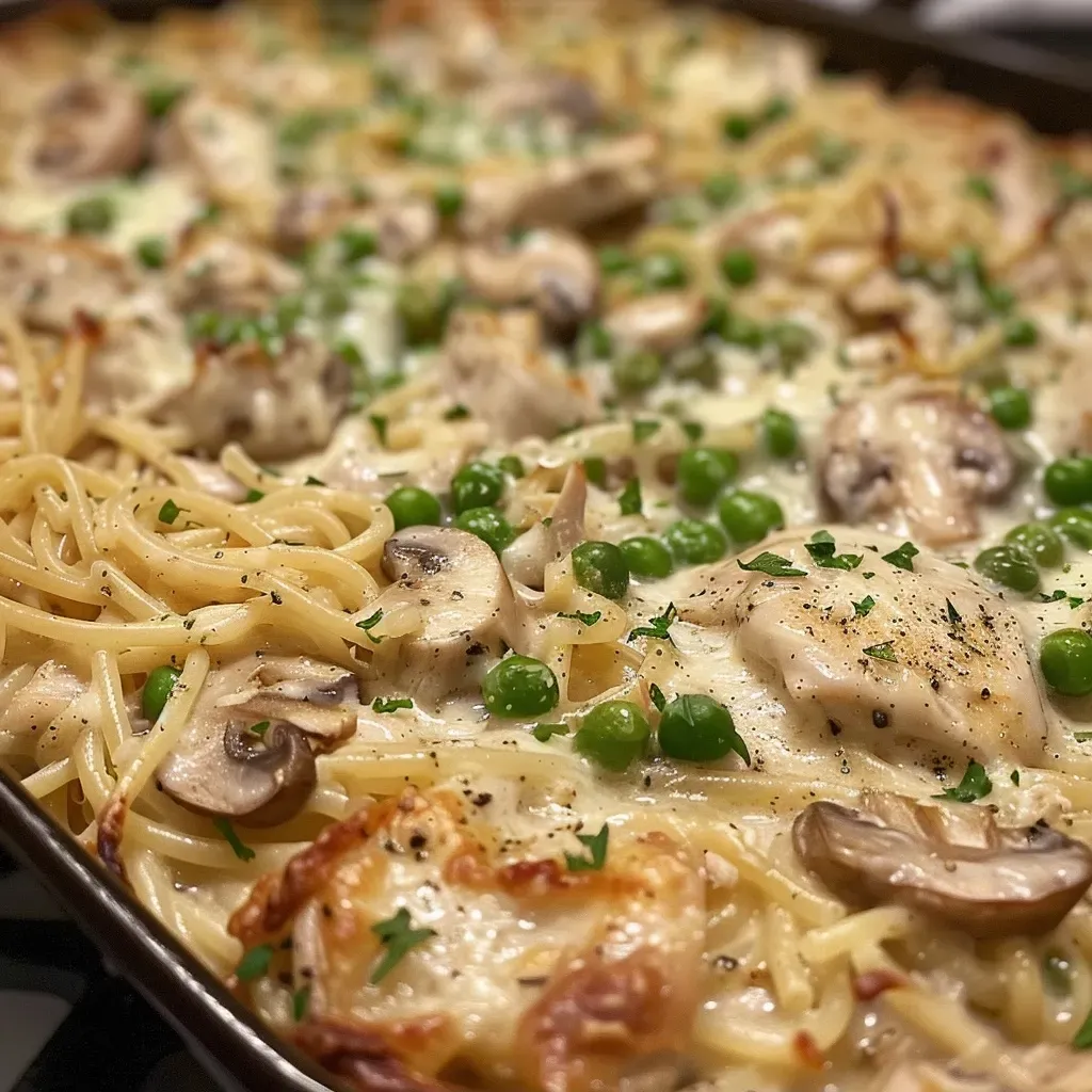 A close-up side view of a creamy Turkey Tetrazzini dish, showcasing noodles and turkey pieces.