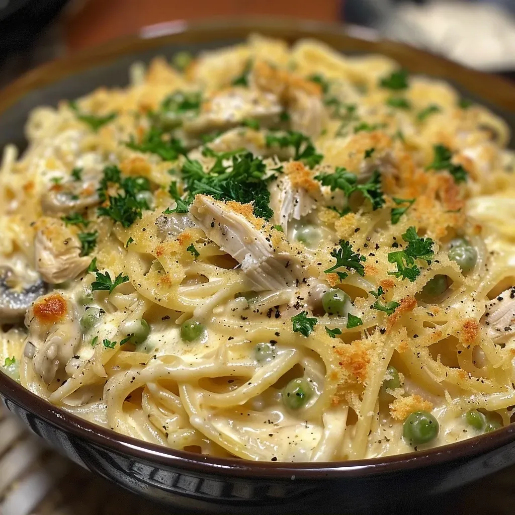 A vibrant serving of Turkey Tetrazzini, highlighting its rich sauce and mozzarella cheese on top.