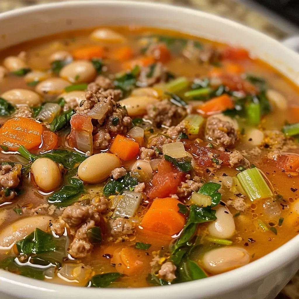 A hearty serving of Tuscan White Bean Soup, showcasing white beans, carrots, and spices in a rustic bowl.