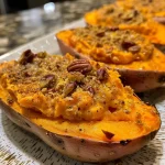 Close-up of golden-brown twice baked sweet potatoes topped with pecans.