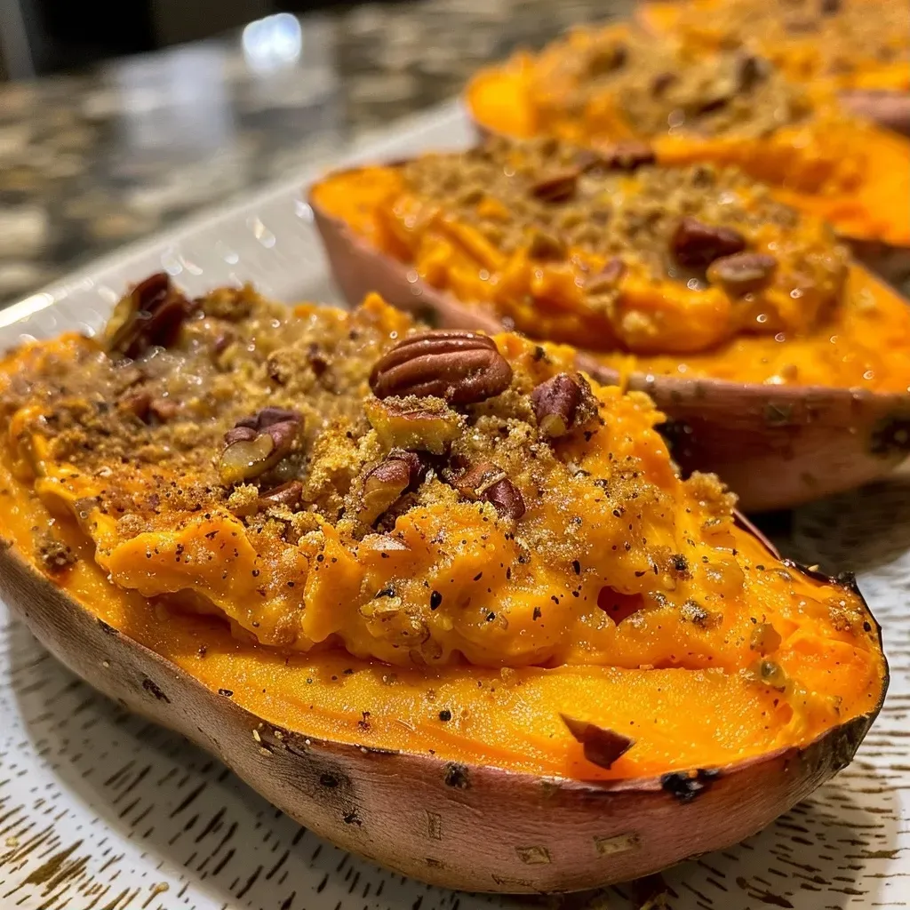 Close-up of golden-brown twice baked sweet potatoes topped with pecans.