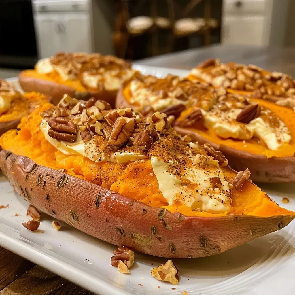 Side view of creamy twice baked sweet potatoes with a sprinkle of cinnamon and nutmeg.