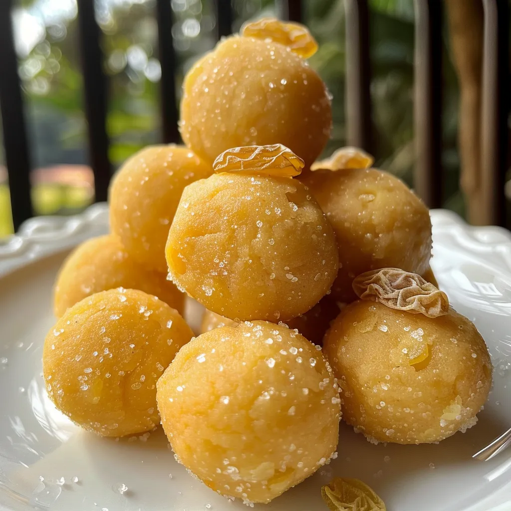 Close-up side view of golden Besan Ladoo on a plain background.