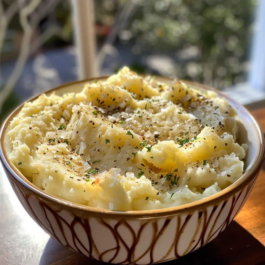 Side view of fluffy mashed potatoes without milk, served in a rustic dish.