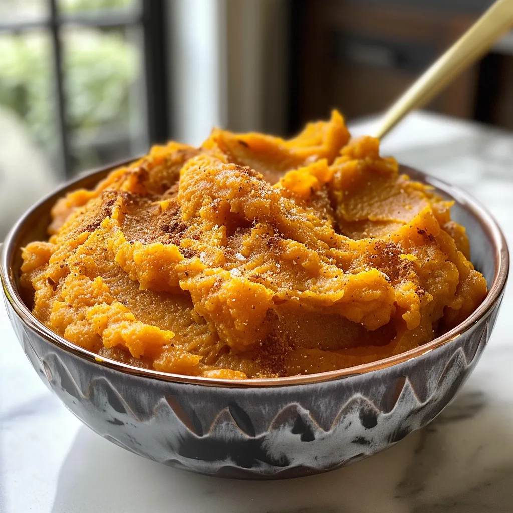 Close-up view of a smooth, velvety sweet potato puree in a bowl.