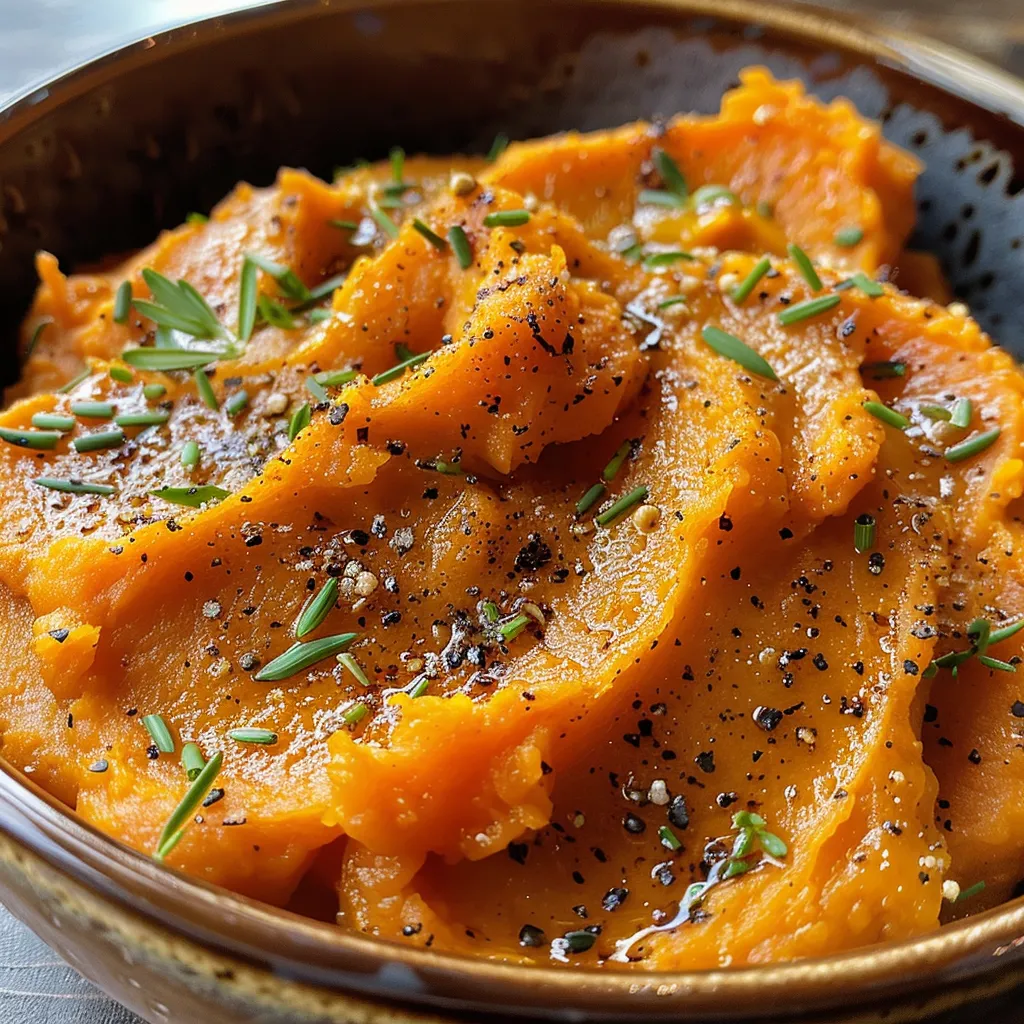 Creamy sweet potato puree with a glossy finish, showcasing its rich color.