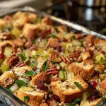A close-up side view of Cranberry Pecan Stuffing with visible cranberries and pecans.