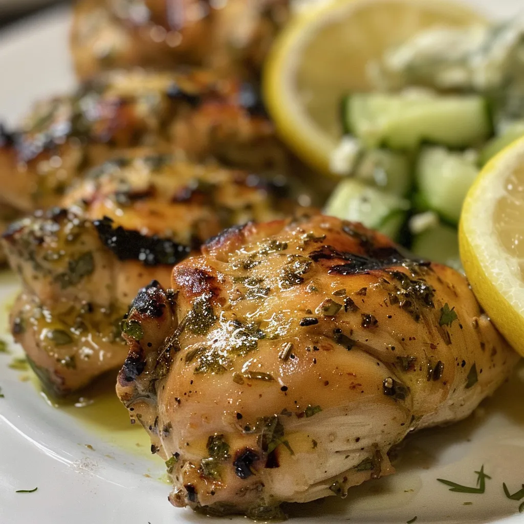 Juicy Greek marinated chicken thighs paired with creamy tzatziki sauce.
