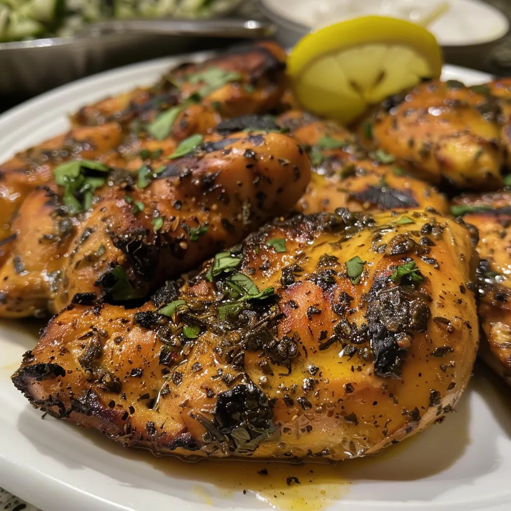 Close-up of tender chicken thighs marinated in Greek spices and served with tzatziki.