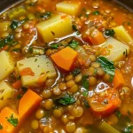 Close-up view of a steaming bowl of Mediterranean Lentil Soup with vibrant vegetables.