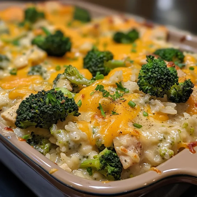 Close-up view of a chicken broccoli rice casserole with melted cheese on top.