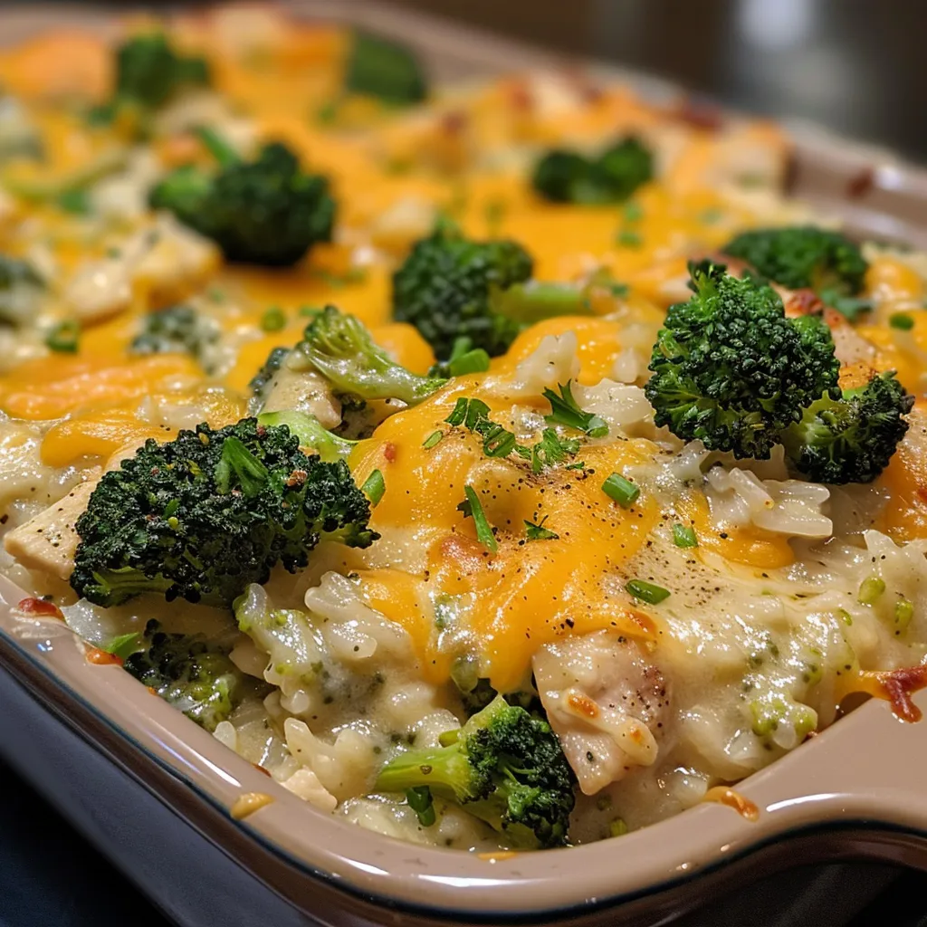 Close-up view of a chicken broccoli rice casserole with melted cheese on top.