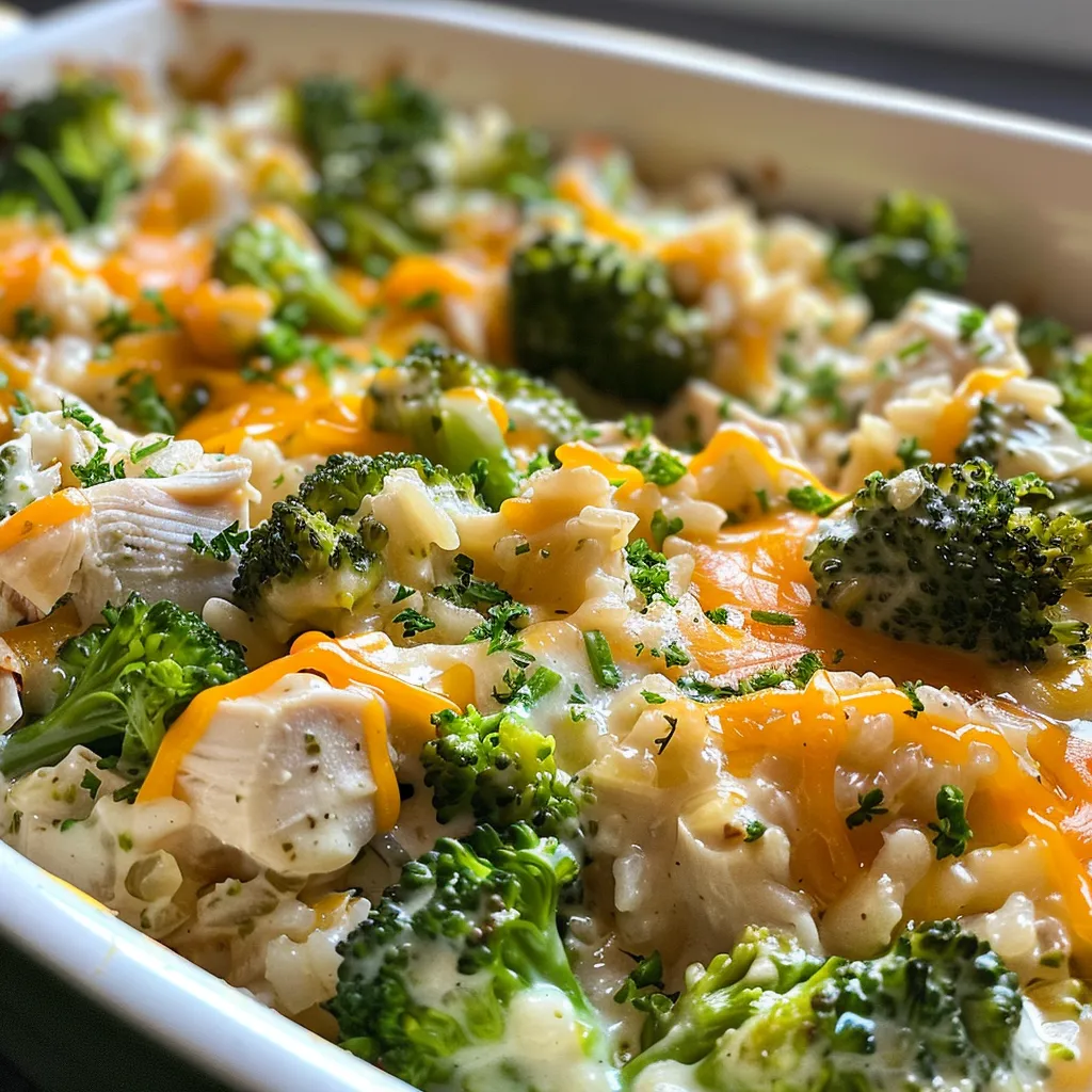 Side view of a creamy dump-and-bake chicken casserole featuring broccoli and rice.