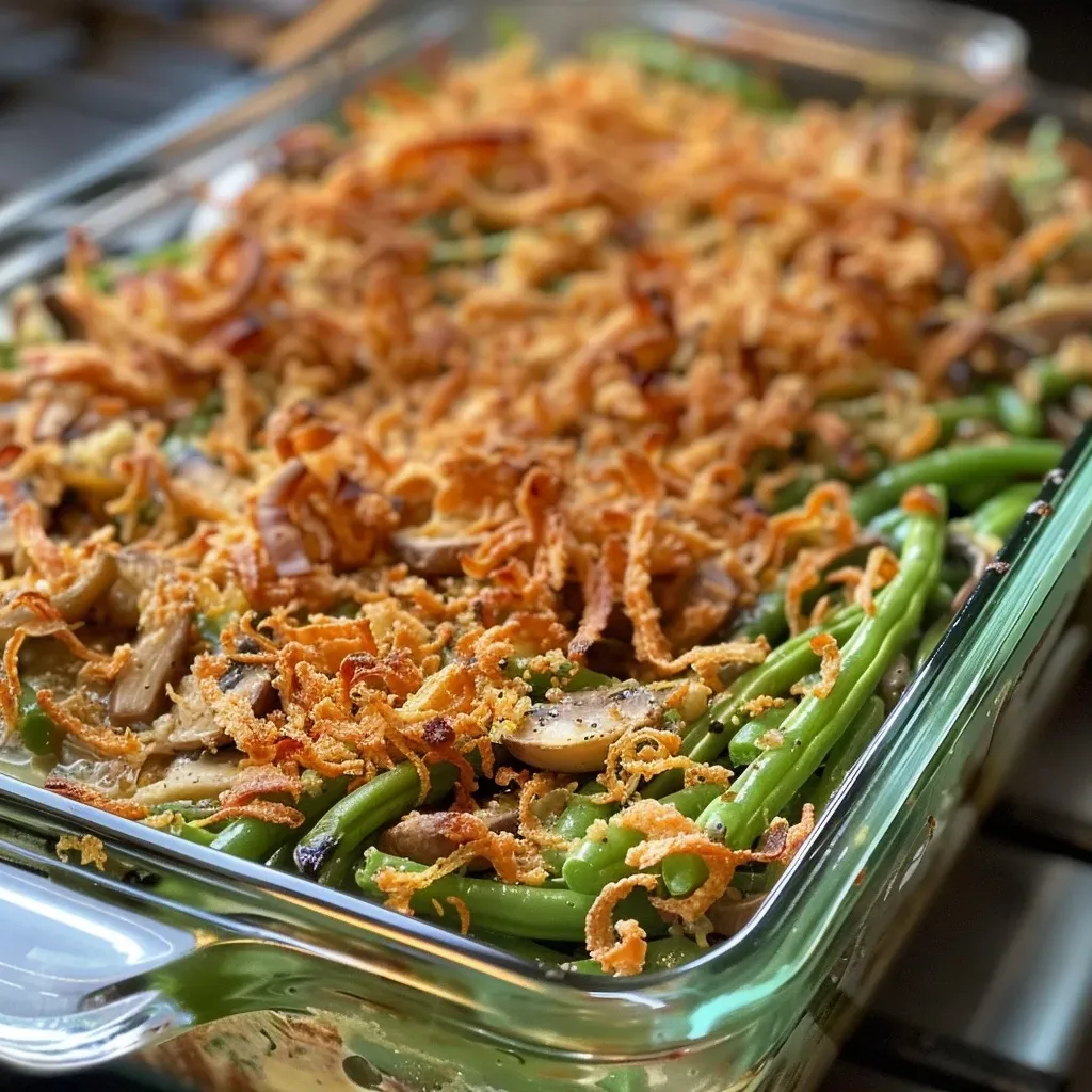 Close-up view of a delicious vegan green bean casserole topped with crispy onions.