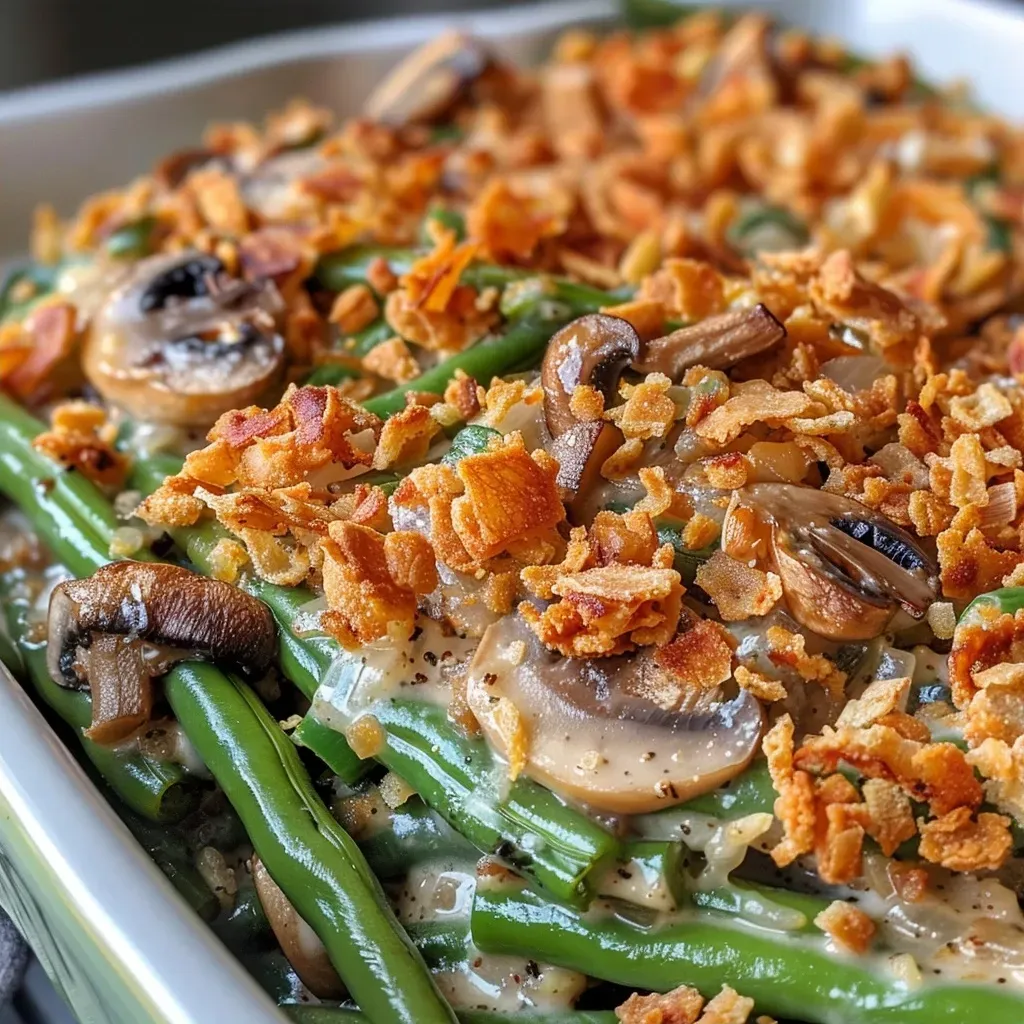 Side view of a creamy vegan green bean casserole garnished with fried onions and fresh herbs.