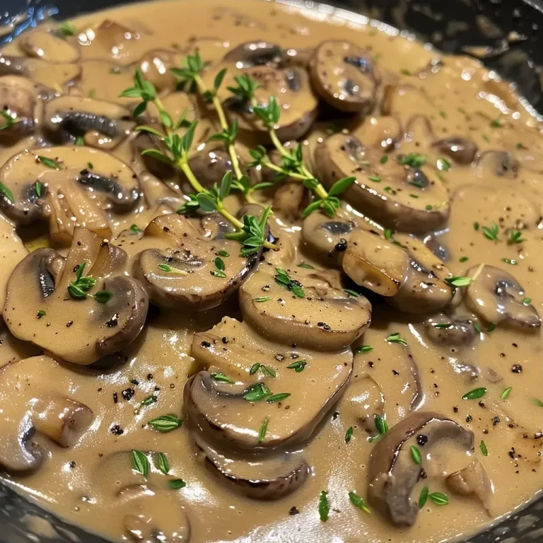 Comforting Vegan Mushroom Gravy to Elevate Your Meals Close-up view of a bowl of vegan mushroom gravy, with sliced mushrooms and herbs visible.