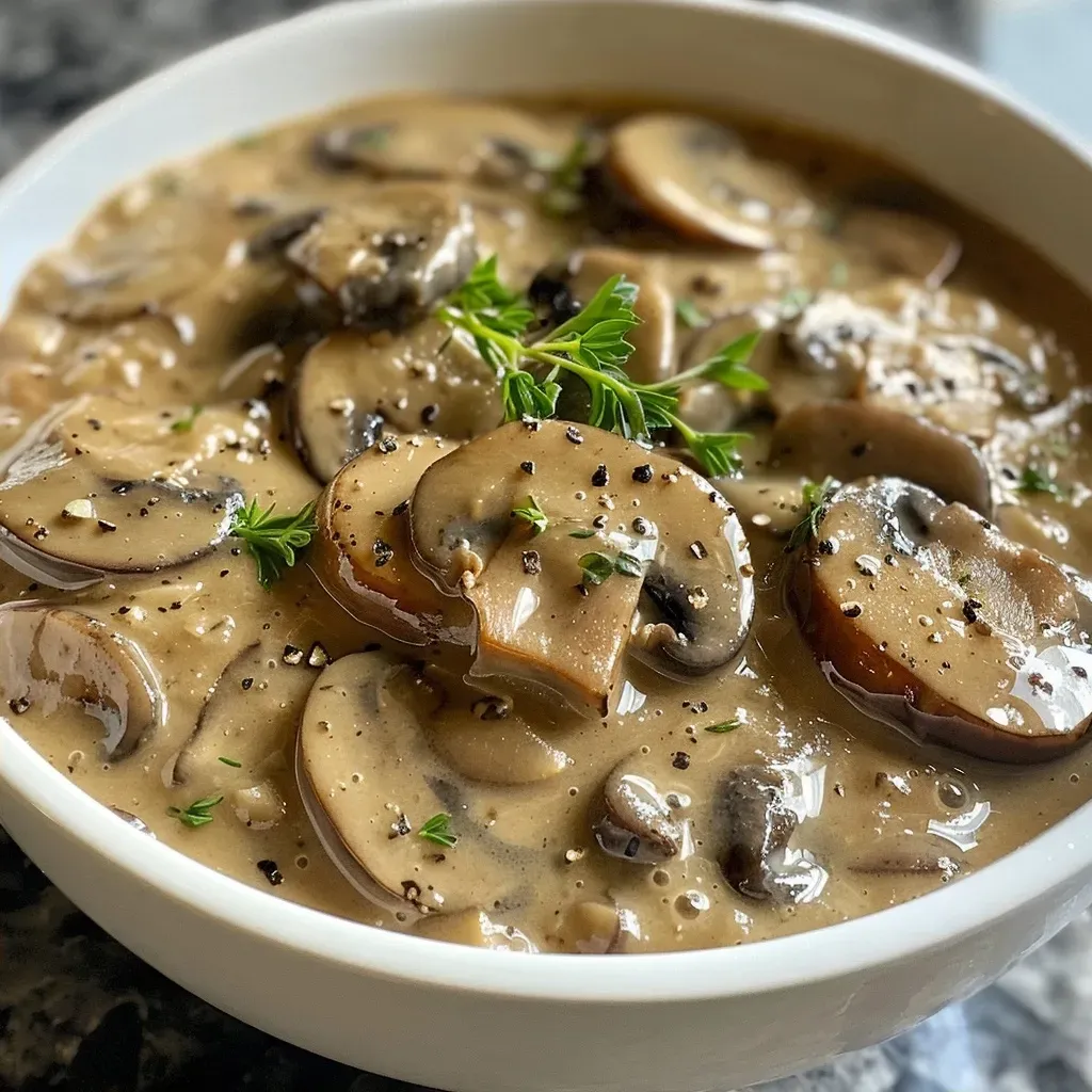 Side angle of thick, creamy vegan mushroom gravy in a bowl, showcasing its rich texture.