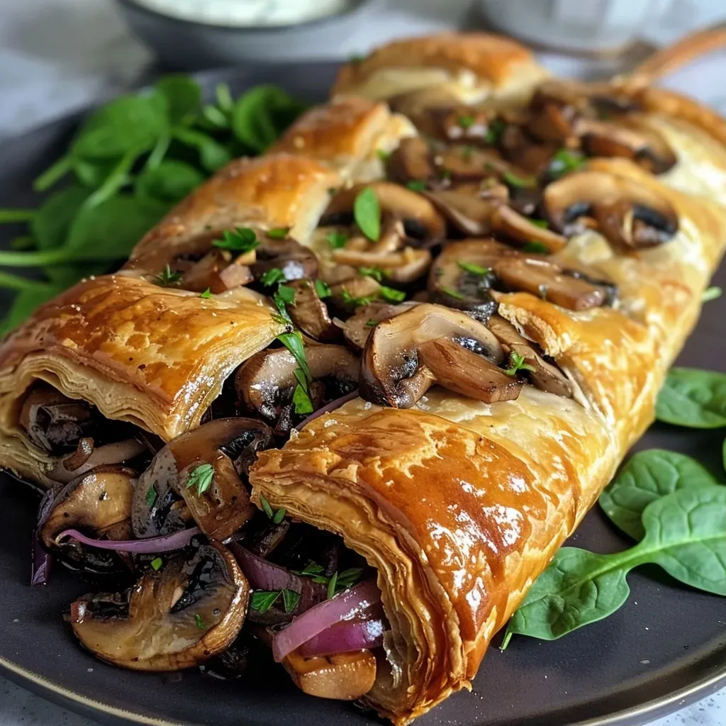 Close-up of a delicious vegan mushroom Wellington with golden-brown puff pastry.