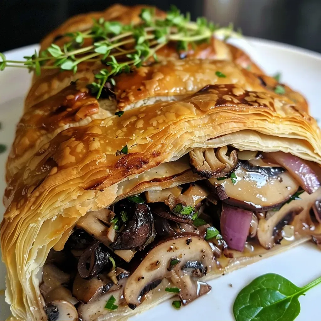 A side view of a juicy vegan mushroom Wellington showcasing its flaky crust.