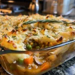 Close-up view of a hearty Vegan Shepherd's Pie topped with creamy mashed potatoes.