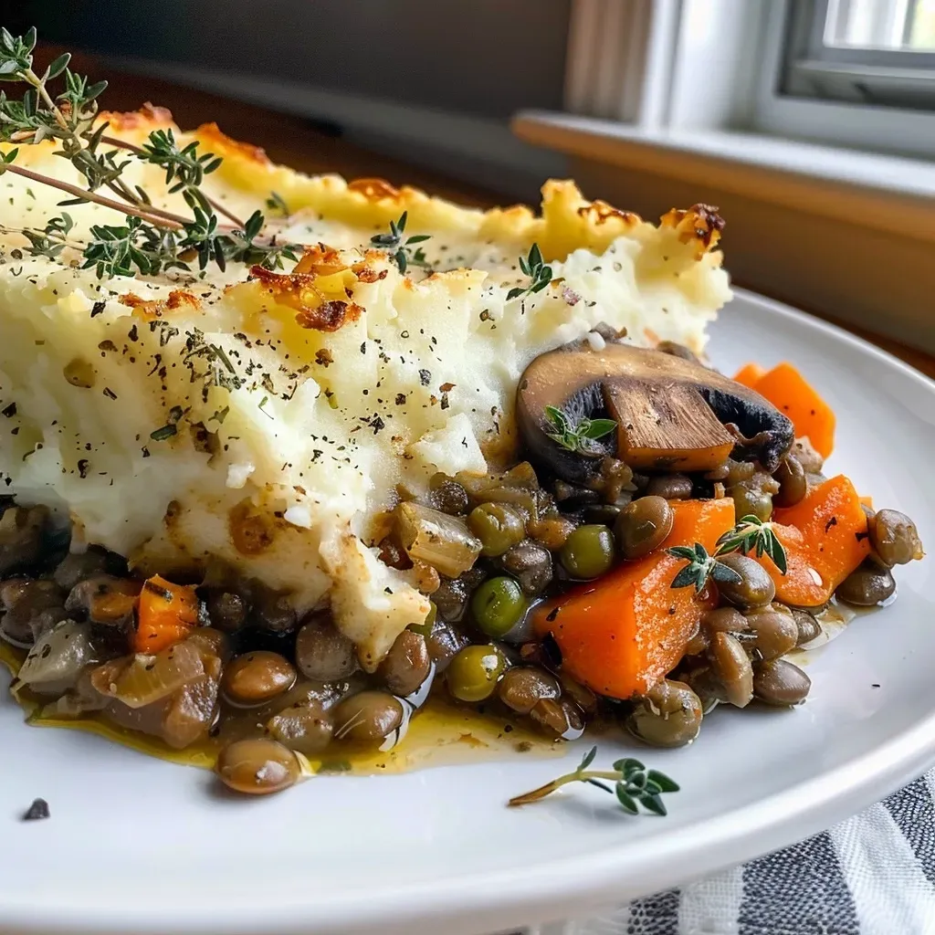 Side view of a delicious Vegan Shepherd's Pie showcasing its layers of vegetables and lentils.